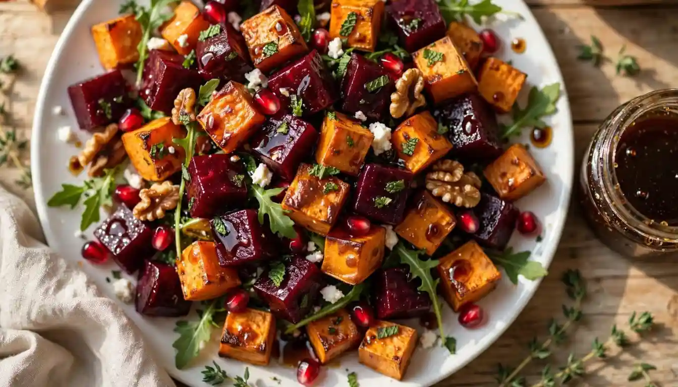 Roasted beetroot and sweet potato salad with arugula, feta, walnuts and pomegranate on a white platter