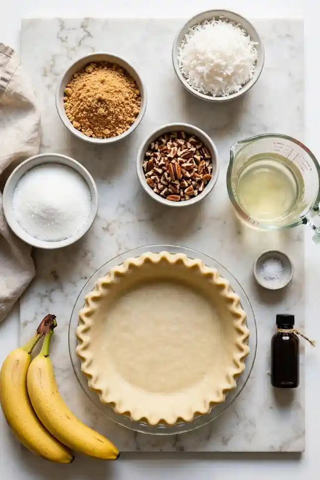 Ingredients for sawdust pie including coconut, pecans, graham cracker crumbs, sugar, egg whites and pie crust