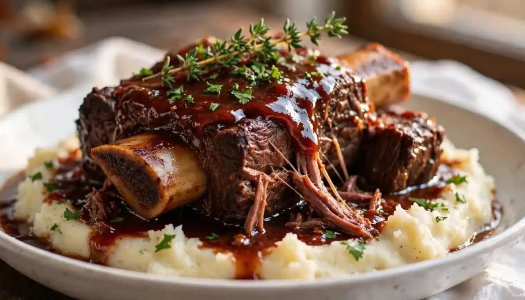 Slow-cooked braised beef short ribs in red wine sauce over creamy mashed potatoes