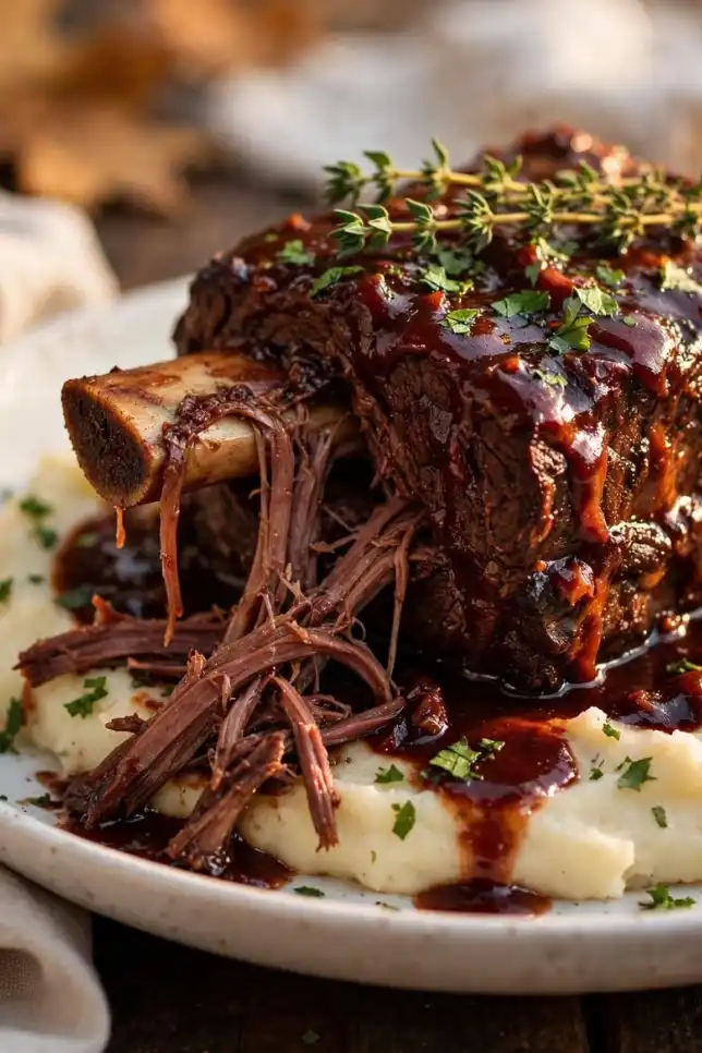 Slow-cooked braised beef short ribs in red wine sauce over creamy mashed potatoes
