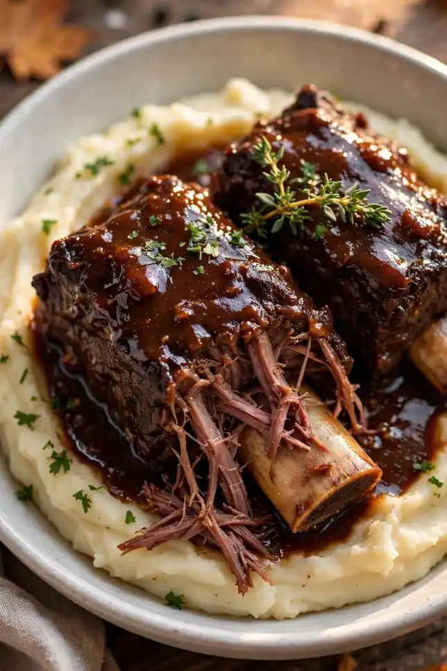 Slow-cooked braised beef short ribs in red wine sauce over creamy mashed potatoes