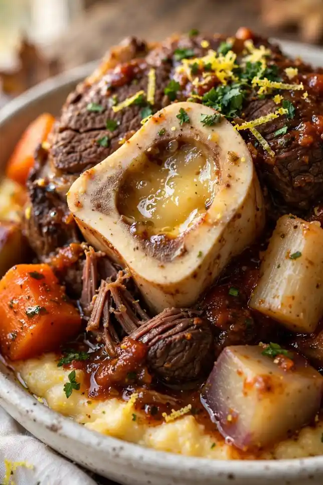 Slow cooker beef osso buco with tender beef shank, root vegetables and gremolata served over creamy polenta