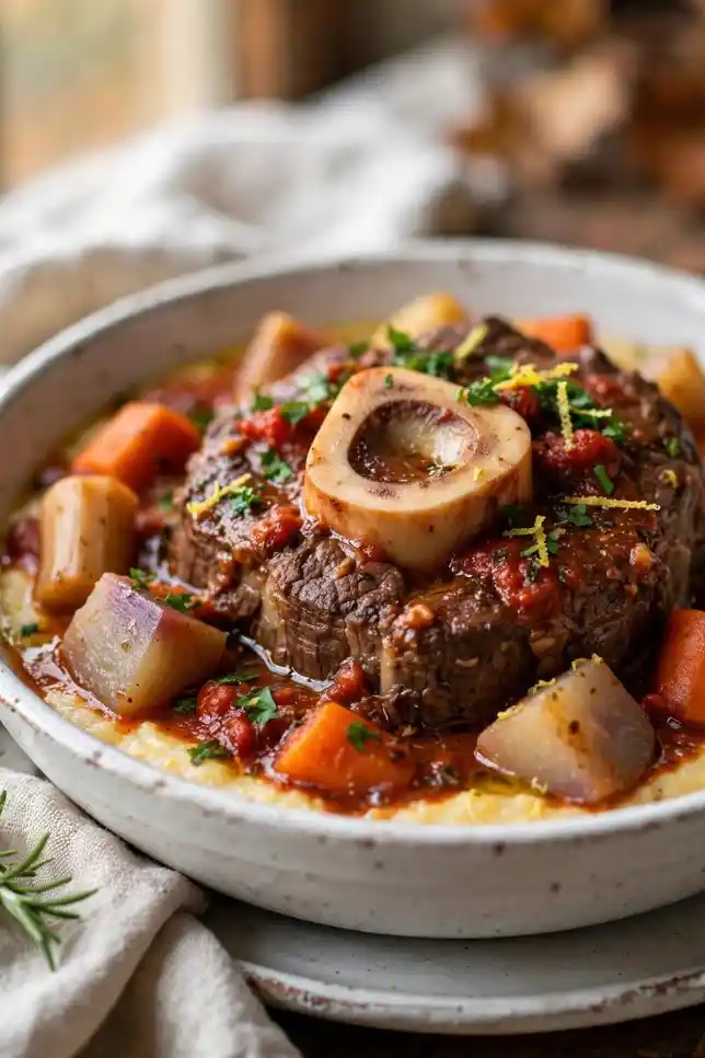 Slow cooker beef osso buco with tender beef shank, root vegetables and gremolata served over creamy polenta