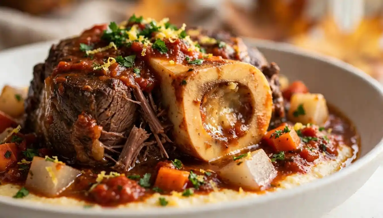 Slow cooker beef osso buco with tender beef shank, root vegetables and gremolata served over creamy polenta