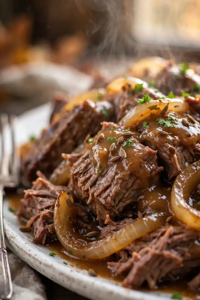 Tender slow-cooker beef roast with caraway seeds and caramelized onion gravy on a white platter