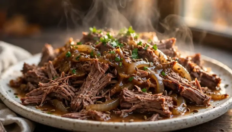 Tender slow-cooker beef roast with caraway seeds and caramelized onion gravy on a white platter