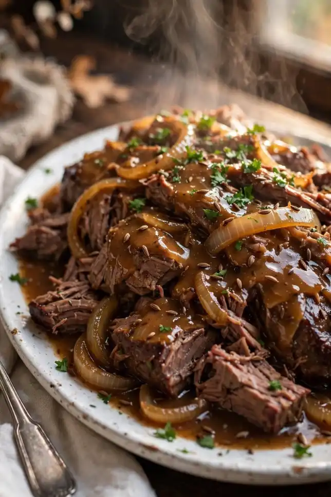 Tender slow-cooker beef roast with caraway seeds and caramelized onion gravy on a white platter