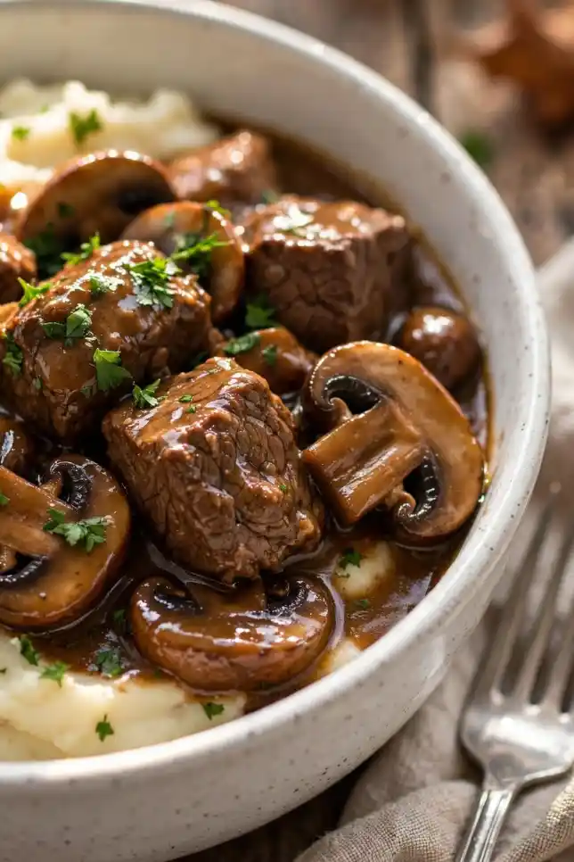 Slow cooker beef tips with mushrooms in brown gravy served over mashed potatoes