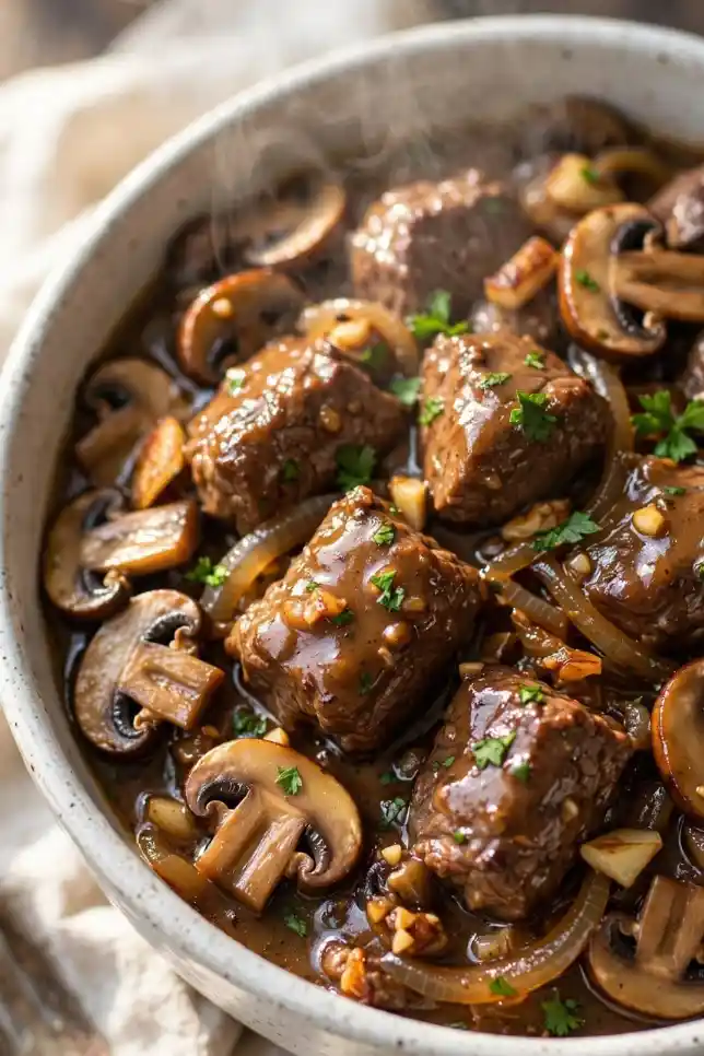 Slow cooker beef tips with mushrooms in brown gravy served over mashed potatoes