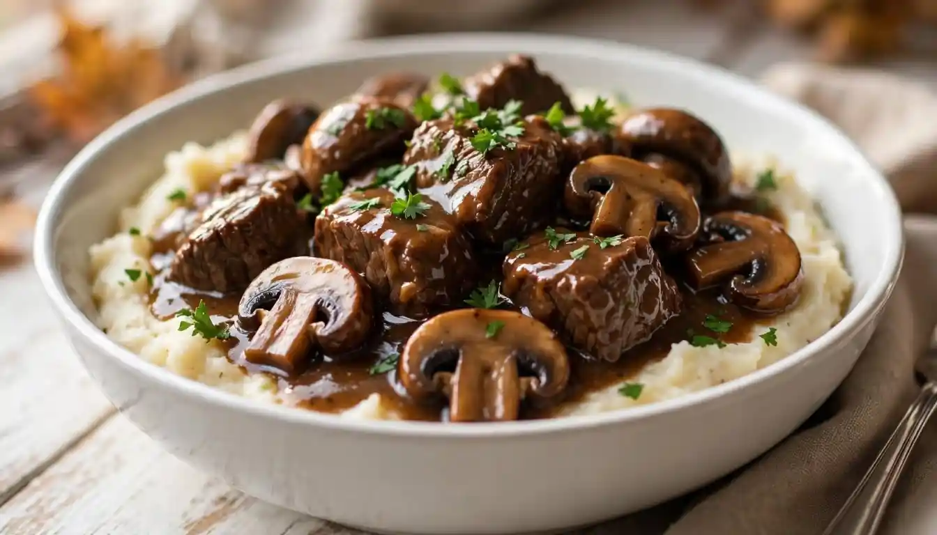 Slow cooker beef tips with mushrooms in brown gravy served over mashed potatoes