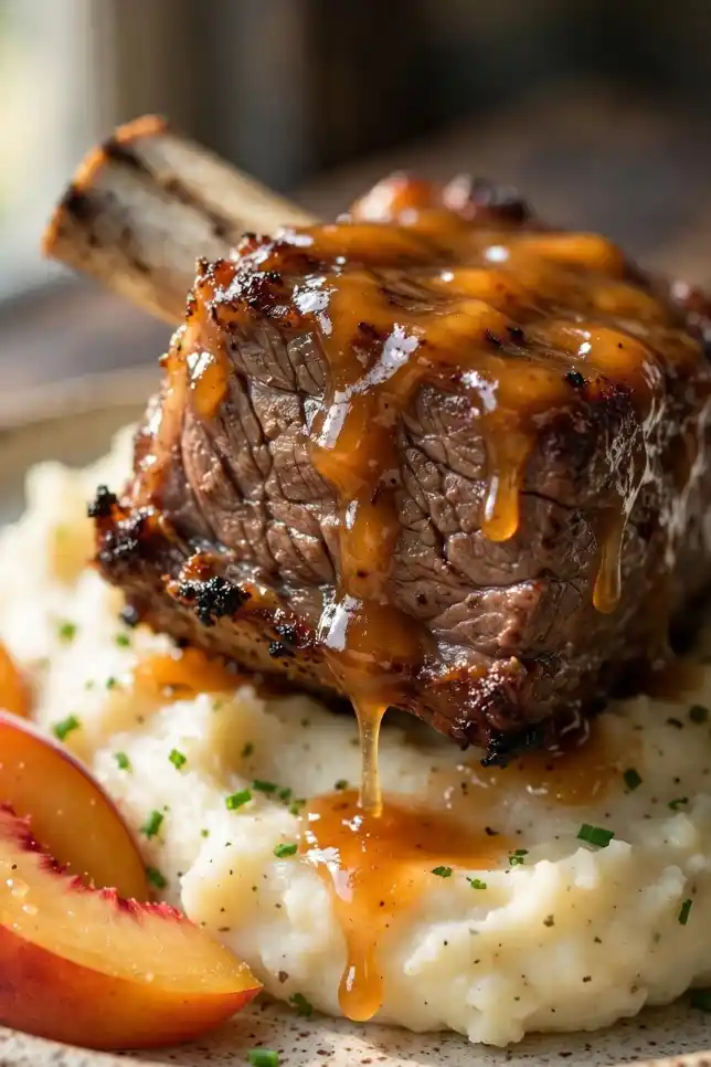 Sticky peach BBQ beef short ribs glazed and served over creamy mashed potatoes with chives