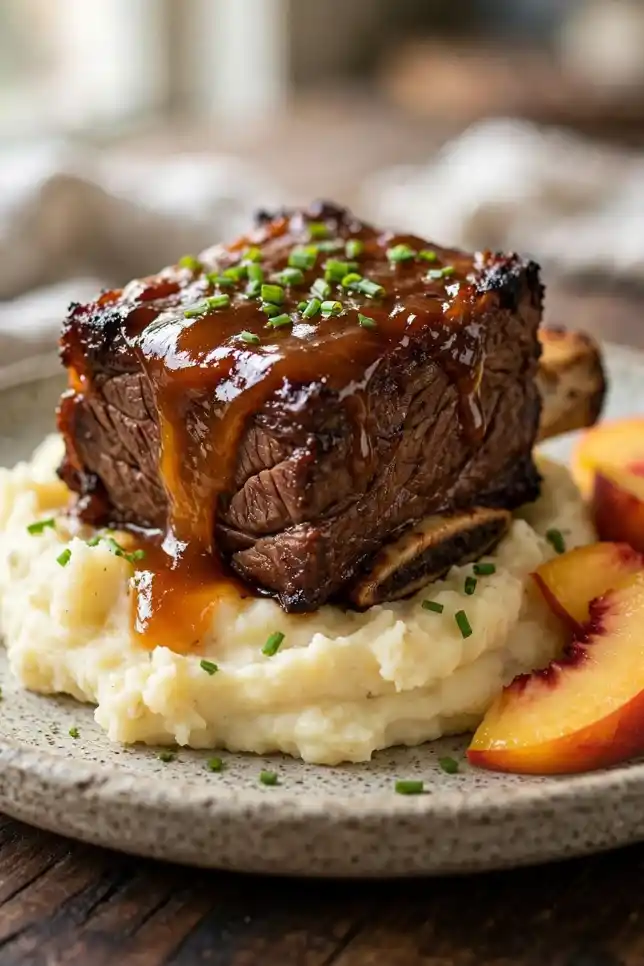 Sticky peach BBQ beef short ribs glazed and served over creamy mashed potatoes with chives