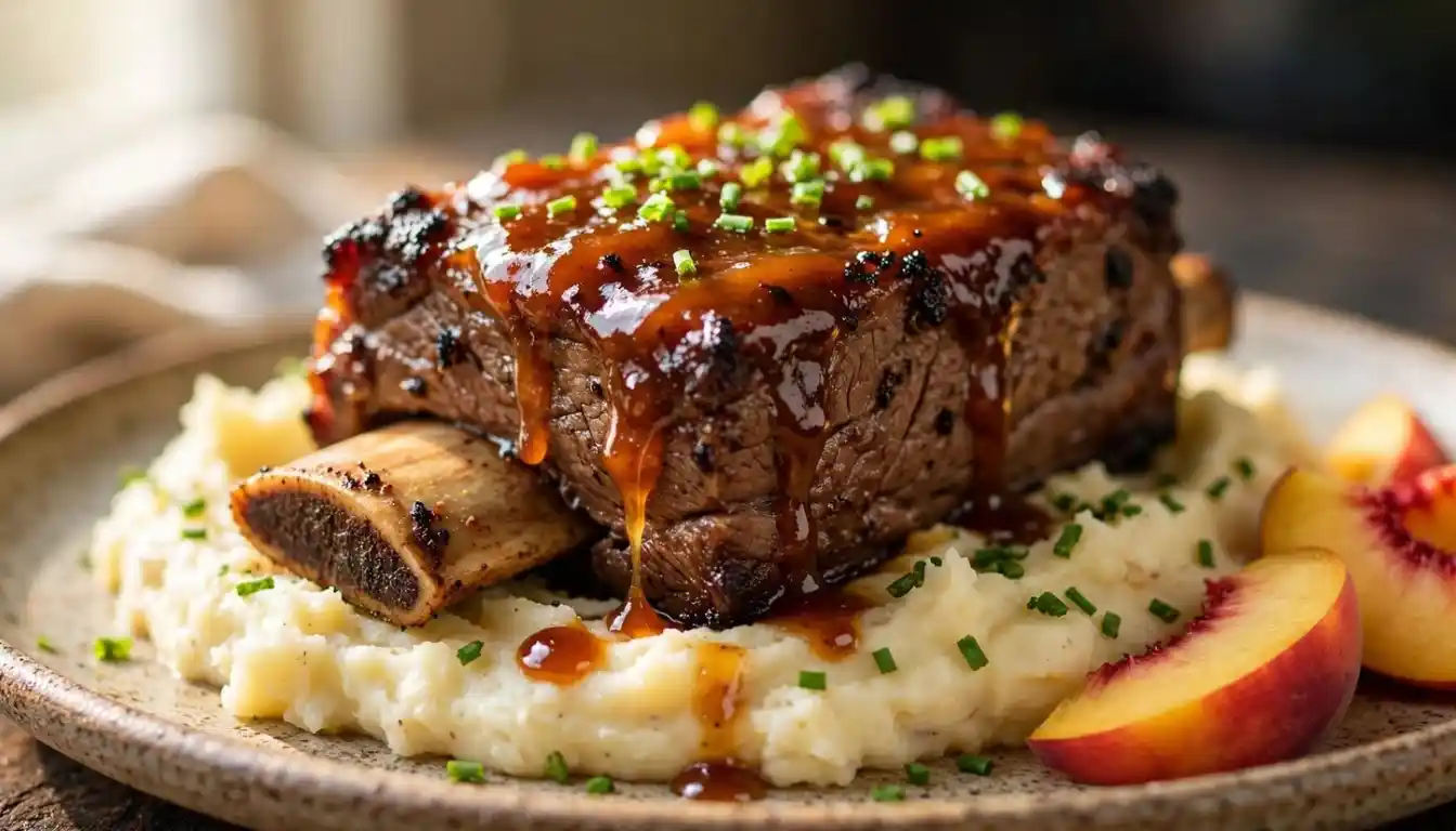 Sticky peach BBQ beef short ribs glazed and served over creamy mashed potatoes with chives
