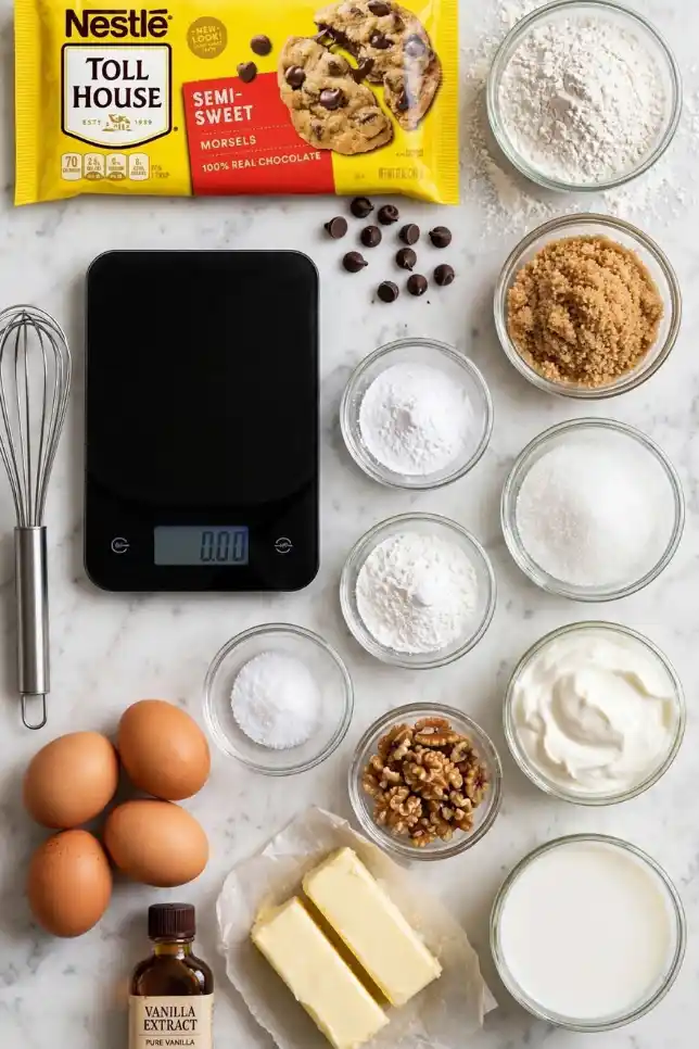 Ingredients for Toll House chocolate chip cake including chocolate chips, flour, brown sugar, butter, eggs and sour cream
