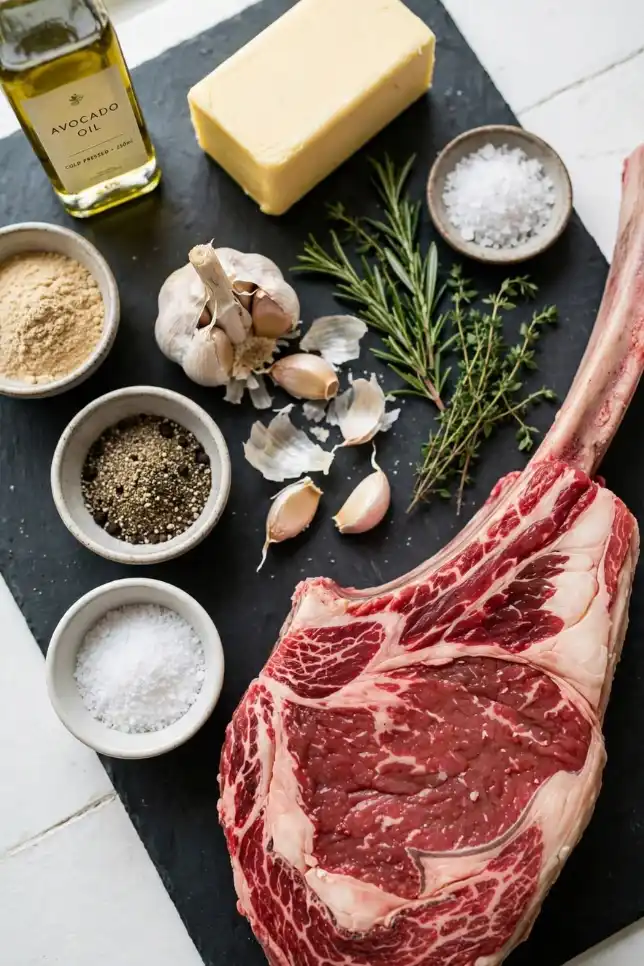 Ingredients for garlic herb butter tomahawk steak including raw ribeye, butter, garlic, rosemary, thyme, salt and pepper