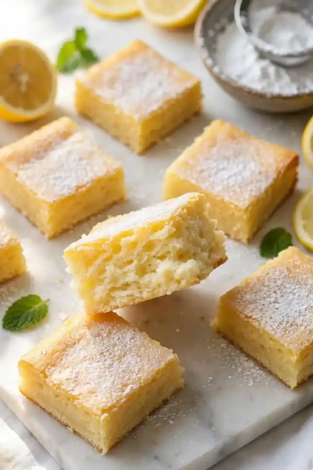 Fluffy two-ingredient lemon bars made with angel food cake mix and lemon pie filling, cut into squares and dusted with powdered sugar