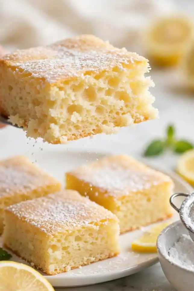 Fluffy two-ingredient lemon bars made with angel food cake mix and lemon pie filling, cut into squares and dusted with powdered sugar