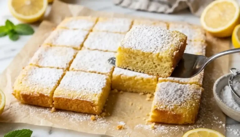 Fluffy two-ingredient lemon bars made with angel food cake mix and lemon pie filling, cut into squares and dusted with powdered sugar
