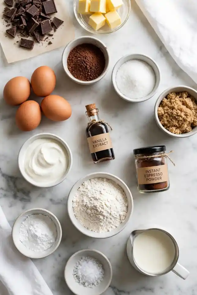 Flat lay of ingredients for ultra fudgy chocolate cake including chocolate, butter, cocoa, sugar, eggs and flour