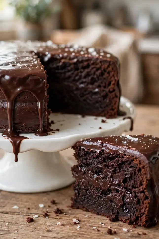 Ultra fudgy chocolate cake with glossy ganache and one slice removed showing a dense moist center