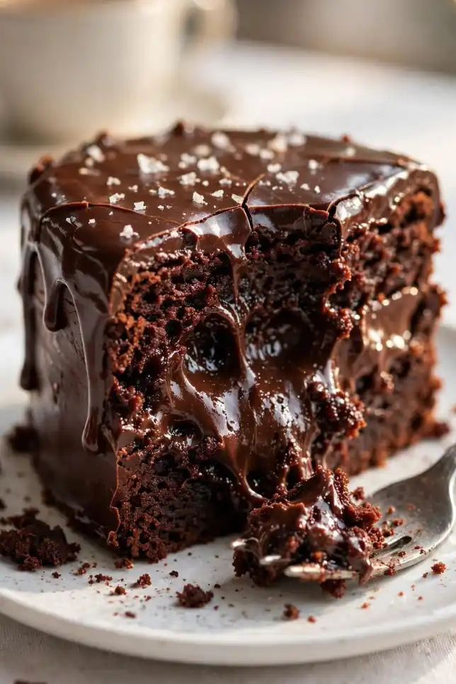 Ultra fudgy chocolate cake with glossy ganache and one slice removed showing a dense moist center