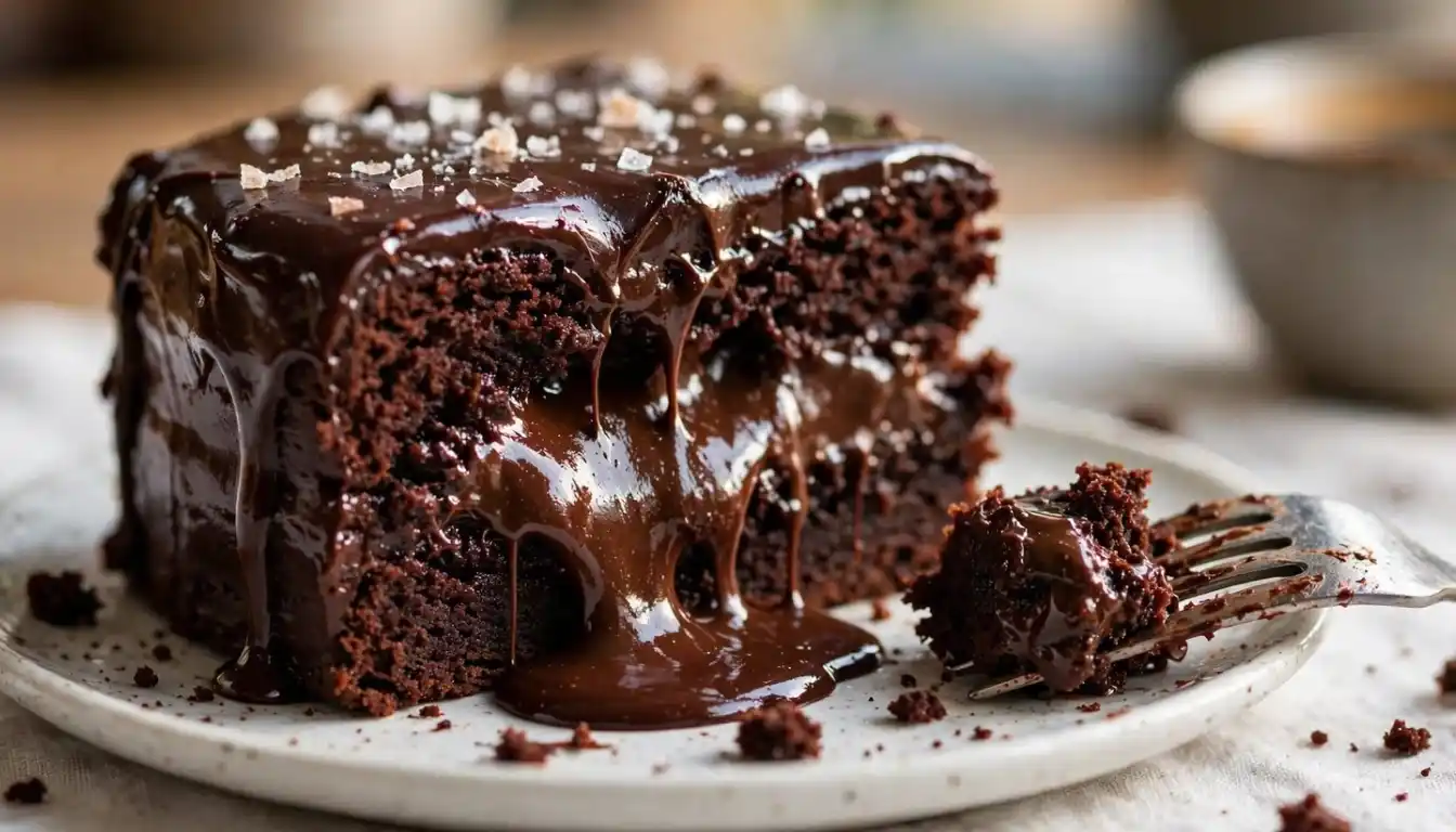 Ultra fudgy chocolate cake with glossy ganache and one slice removed showing a dense moist center