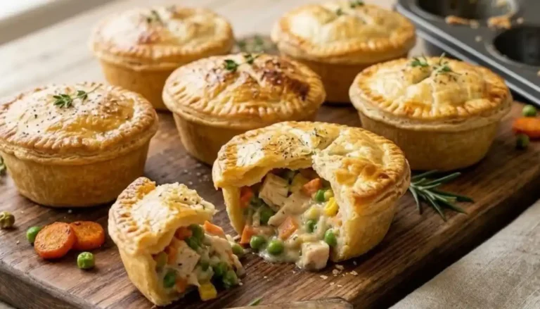 Golden mini chicken pot pies on a wooden board with one cut open showing creamy chicken and vegetable filling