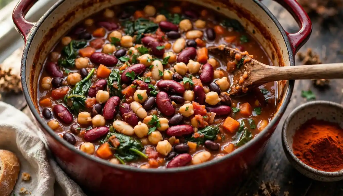 Hearty mixed bean stew with kidney beans, chickpeas, black beans and spinach in a red cast iron Dutch oven